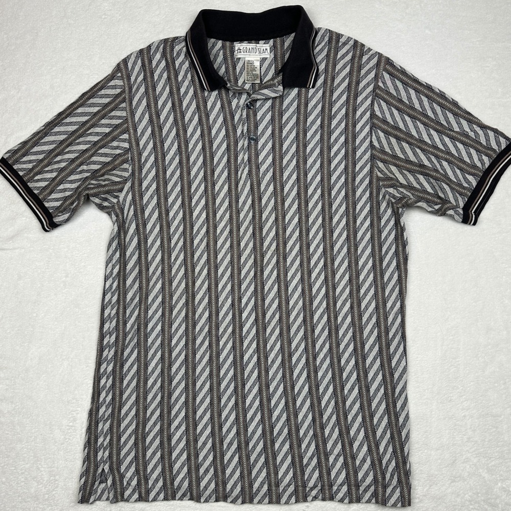 Grand Slam Mens Large Polo Shirt Grey Black Striped Chevron Short Sleeve Vintage